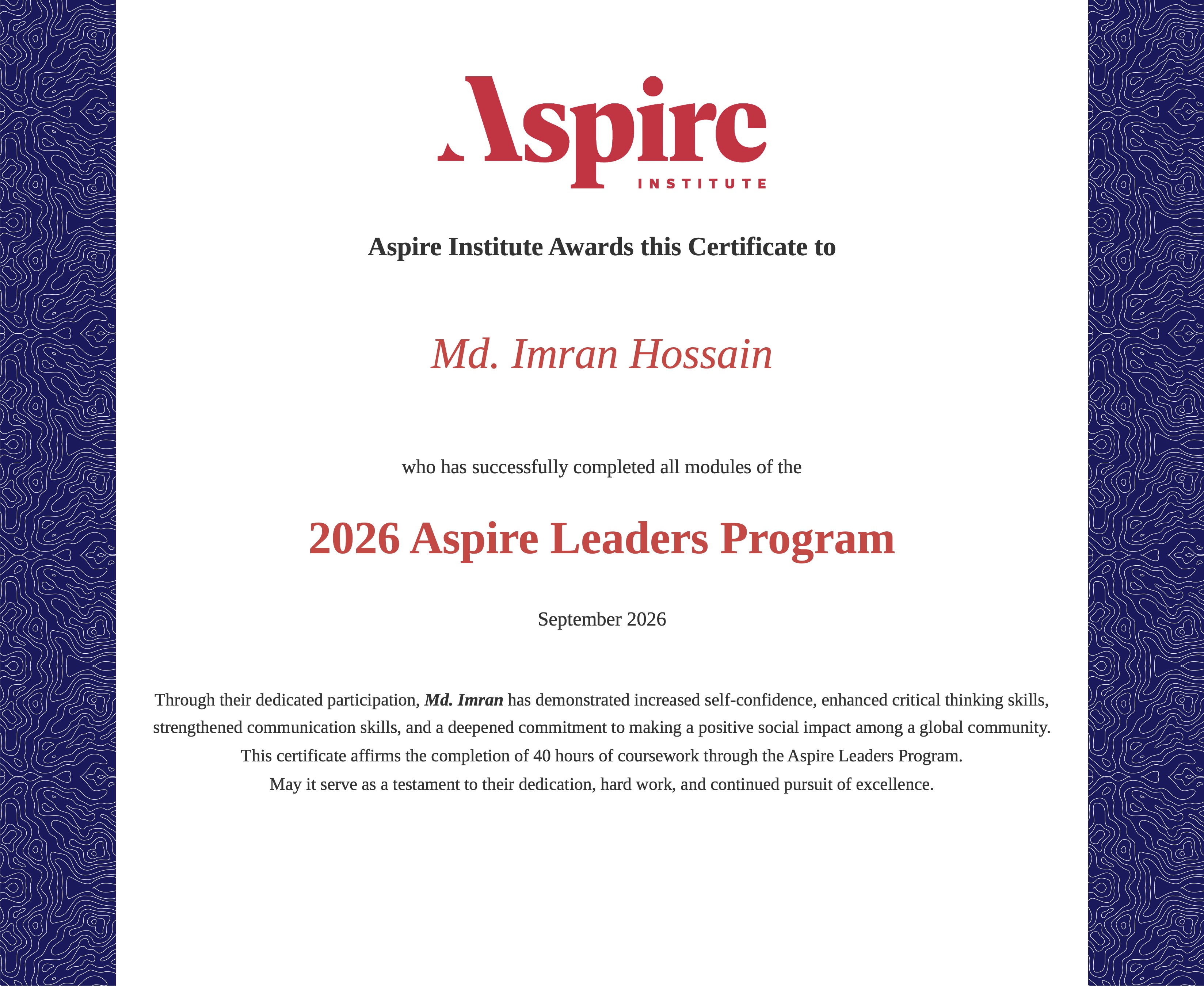 Aspire Leaders Program certificate